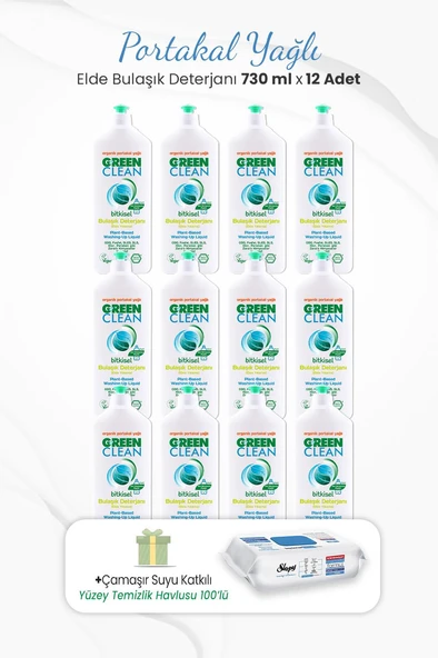 Green Clean 730 ml Bitkisel Elde Bulaşık Deterjanı x 12 Adet ve Çamaşır Sulu Temizlik Havlusu ürün görseli
