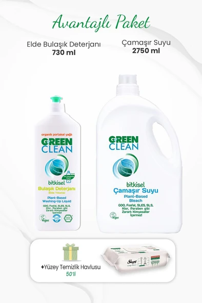 Green Clean Bulaşık Deterjanı 730 ml, Çamaşır Suyu 2750 ml ve Yüzey Temizlik Havlusu 50'li ürün görseli