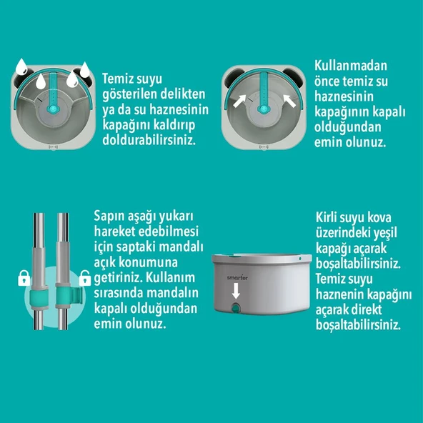 SMARTER AQUA MASTER 4 ADET MİKROFİBER MOP TEMİZ&KİRLİ SUYU AYIRMA ÖZELLİĞİ OTOMATİK TEMİZLİK SETİ PASPAS - 6