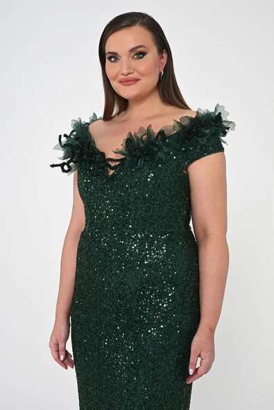 Alfa Beta Çiçekli Kayık Yaka Payet Uzun Abiye Elbise - 2