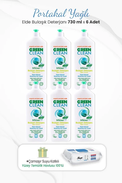 Green Clean 730 ml Bitkisel Elde Bulaşık Deterjanı x 6 Adet ve Çamaşır Sulu Temizlik Havlusu ürün görseli