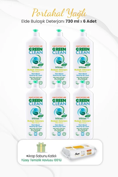 Green Clean 6lı Elde Bulaşık Deterjanı  730 ml ve Arap Sabunlu Temizlik Havlusu ürün görseli