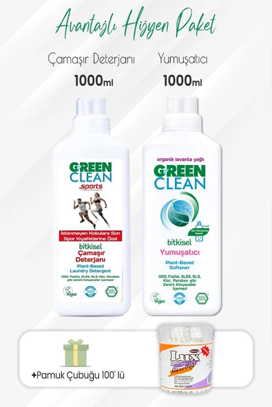 Green Clean Sports Çamaşır Deterjanı, Yumuşatıcı 1000 ml ve Pamuk Çubuğu ürün görseli