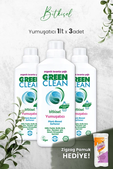 U Green Clean Bitkisel Çamaşır Yumuşatıcısı 1 Litre (Lavanta Kokulu) x 3 Adet ve Hediyeli