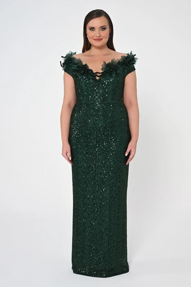 Alfa Beta Çiçekli Kayık Yaka Payet Uzun Abiye Elbise