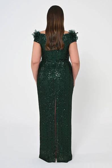 Alfa Beta Çiçekli Kayık Yaka Payet Uzun Abiye Elbise - 3