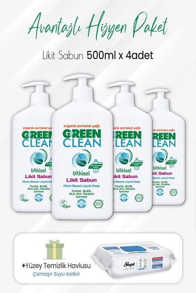 Green Clean Likit Sabun 500 ml x 4 Adet ve Çamaşır Sulu Yüzey 100' lü