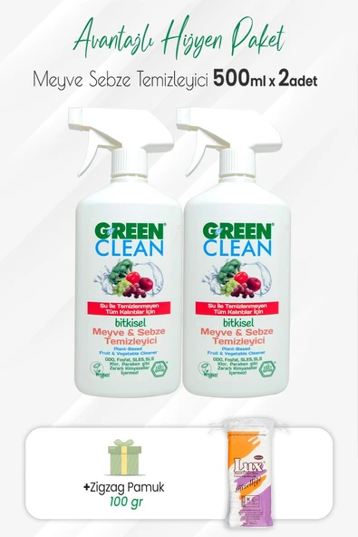 Green Clean 2'li Bitkisel Meyve Sebze Temizleyici 500 ml ve Zigzag Pamuk 100 gr ürün görseli