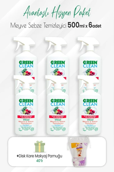 Green Clean 6'lı Bitkisel Meyve Sebze Temizleyici 500 ml ve Disk Kare Pamuk 40'lı ürün görseli