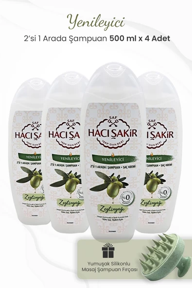 Hacı Şakir Zeytinyağlı 2si 1 Arada Şampuan 500 ml x 4 Adet ve Şampuan Fırçası Yeşil ürün görseli