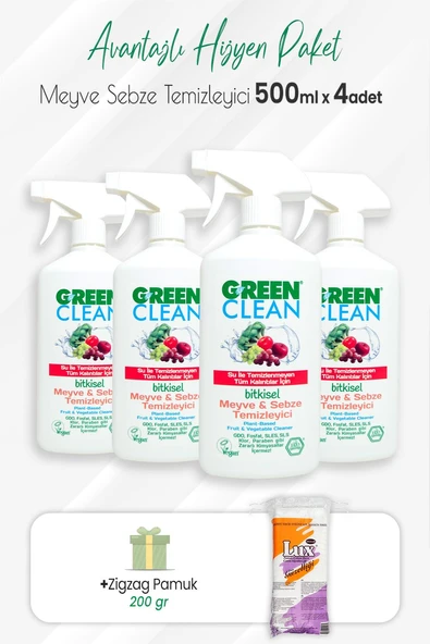 Green Clean 4'lü Bitkisel Meyve Sebze Temizleyici 500 ml ve Zigzag Pamuk 200 gr ürün görseli
