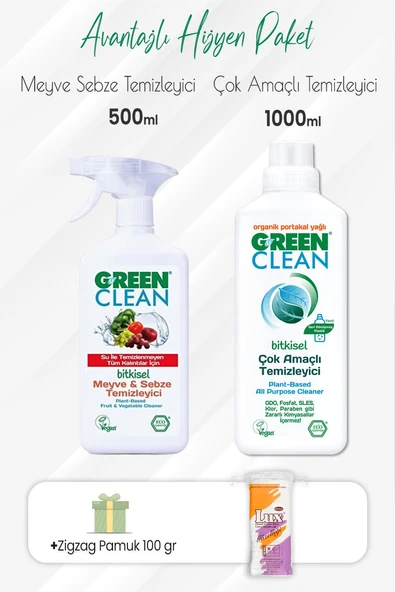 Green Clean Meyve Sebze Temizleyici 500 ml,Çok Amaçlı Temizleyici 1000 ml ve Zigzag Pamuk ürün görseli