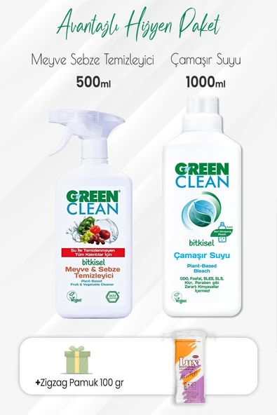 Green Clean Meyve Sebze Temizleyici 500 ml,Çamaşır Suyu 1000 ml ve Zigzag Pamuk ürün görseli