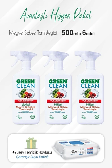 Green Clean Meyve Sebze Temizleyici 500 ml x 3 Adet ve Çamaşır Sulu Temizlik Havlusu ürün görseli