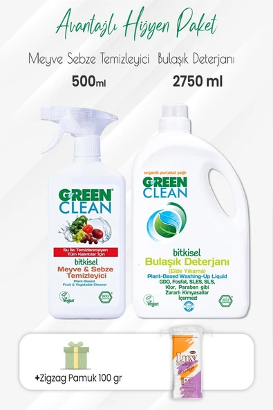 Green Clean Meyve Sebze Temizleyici,Bulaşık Deterjanı 2750 ml ve Zigzag Pamuk ürün görseli
