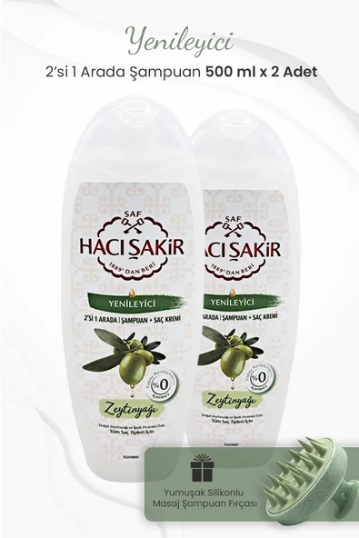 Hacı Şakir Zeytinyağlı 2si 1 Arada Şampuan 500 ml x 2 Adet ve Şampuan Fırçası Yeşil ürün görseli