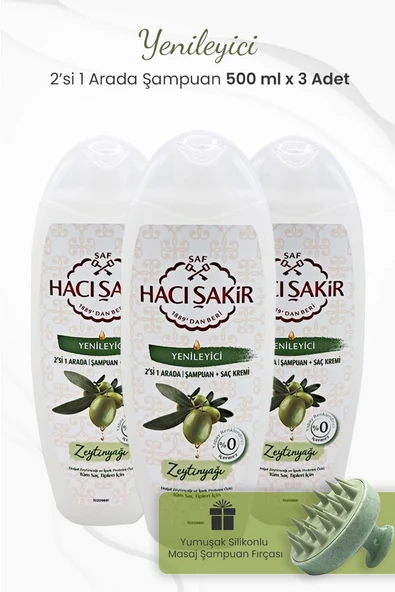 Hacı Şakir Zeytinyağlı 2si 1 Arada Şampuan 500 ml x 3 Adet ve Şampuan Fırçası Yeşil ürün görseli