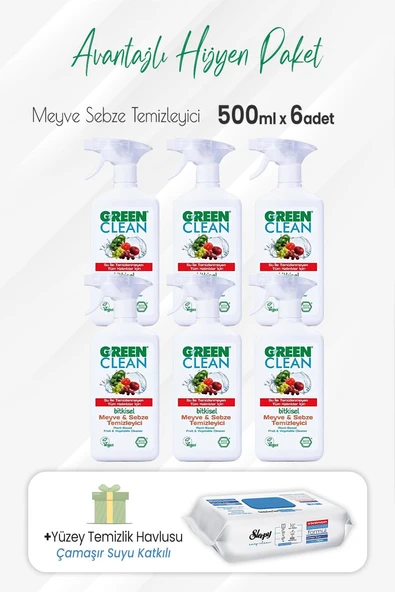 Green Clean Meyve Sebze Temizleyici 500 ml x 6 Adet ve Çamaşır Sulu Temizlik Havlusu ürün görseli