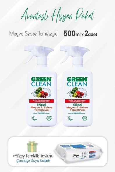 Green Clean Meyve Sebze Temizleyici 500 ml x 2 Adet Çamaşır Sulu Temizlik Havlusu ürün görseli