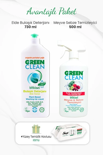 Green Clean Elde Bulaşık Deterjanı 730 ml,Meyve Sebze Temizleyici 500 ml ve Yüzey Temizlik Havlusu ürün görseli