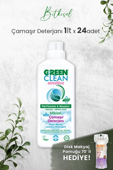Green Clean Sensıtıve Kokusuz Çamaşır Deterjanı 1 L x 24 Adet ve Hediyeli