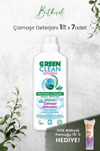 Green Clean Sensıtıve Kokusuz Çamaşır Deterjanı 1 L x 7 Adet ve Hediyeli ürün görseli