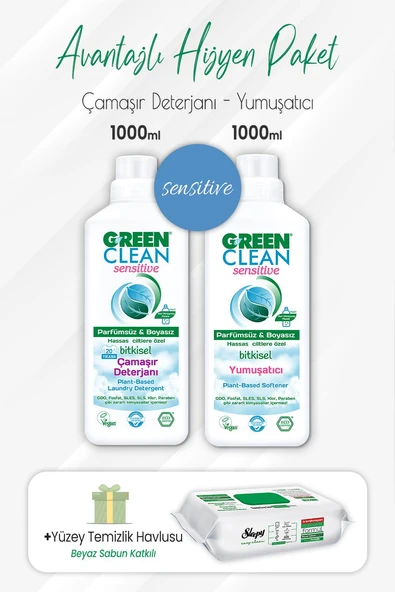 Green Clean Sensitive Deterjan, Yumuşatıcı 1 lt ve Çamaşır Sulu Temizlik Havlusu 100' lü