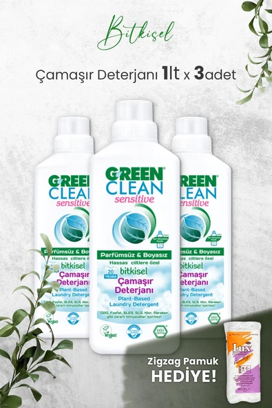 Green Clean Sensıtıve Kokusuz Çamaşır Deterjanı 1 L x 3 Adet ve Hediyeli ürün görseli