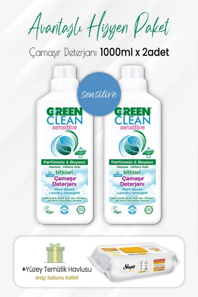 Green Clean Sensitive Deterjan 1 lt x 2 Adet ve Arap Sabunlu Temizlik Havlusu 100' lü