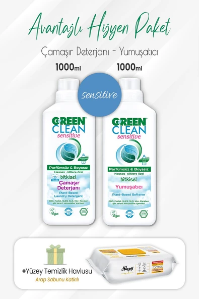 Green Clean Sensitive Deterjan, Yumuşatıcı 1 lt ve Arap Sabunlu Yüzey Temizlik Havlusu 100' lü ürün görseli
