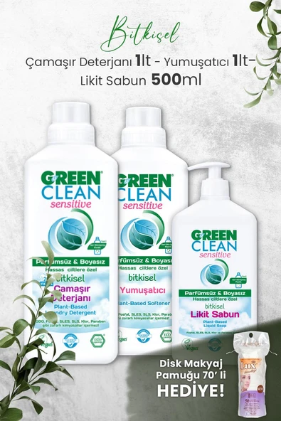 Green Clean Sensıtıve Kokusuz Çamaşır Deterjanı ve Yumuşatıcı 1 L, Likit Sabun 500 ml ve Hediyeli