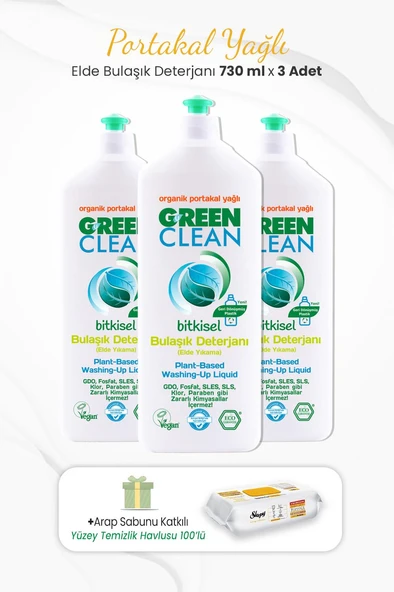Green Clean 3lü Elde Bulaşık Deterjanı  730 ml ve Arap Sabunlu Temizlik Havlusu
