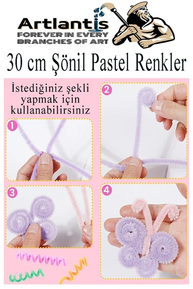 Şönil Pastel Renkler 30 cm 25 li 1 Paket Pastel Renkli Tüylü Tel Peluş Tel 30 cm Elişi Okul Projeleri Süsleme - 3