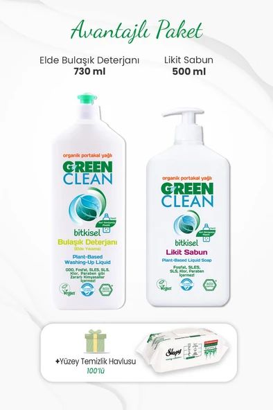 Green Clean Likit Sabun 500 ml, Bulaşık Deterjanı 730 ml ve 100'lü Temizlik Havlusu ürün görseli