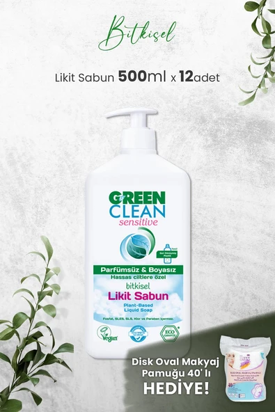 U Green Clean Organik Kokusuz Likit Sensitive Sabun 500 ML x 12 Adet ve Hediyeli