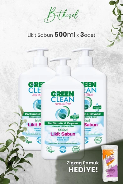 U Green Clean Organik Kokusuz Likit Sensitive Sabun 500 ML x 3 Adet ve Hediyeli
