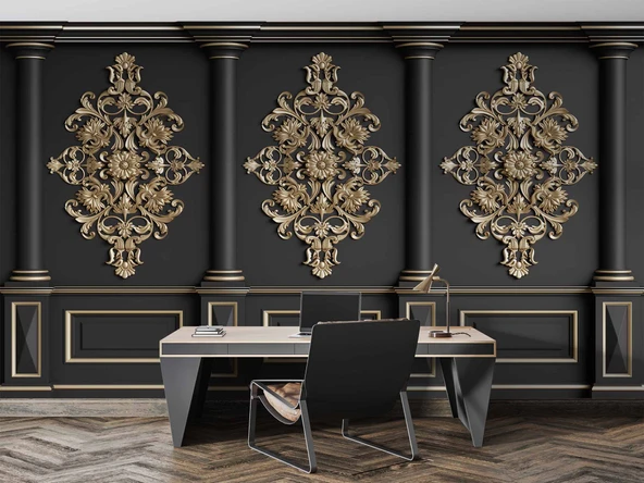 3D Siyah Sütun Altın Motif Duvar Kağıdı Baskı - 3