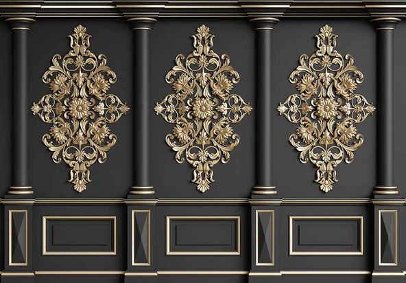 3D Siyah Sütun Altın Motif Duvar Kağıdı Baskı - 6