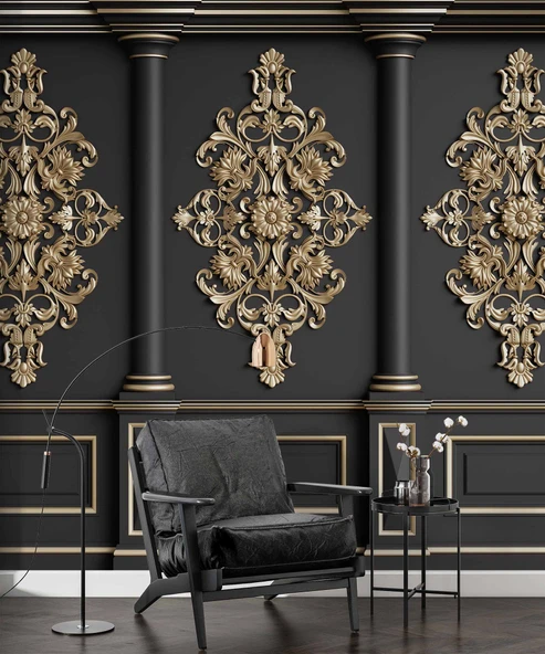 3D Siyah Sütun Altın Motif Duvar Kağıdı Baskı - 5