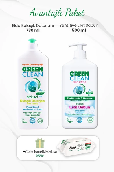 Green Clean Bulaşık Deterjanı 730 ml, Likit Sabun 500 ml ve Yüzey Temizlik Havlusu 100'lü ürün görseli
