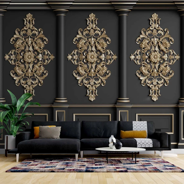 3D Siyah Sütun Altın Motif Duvar Kağıdı Baskı