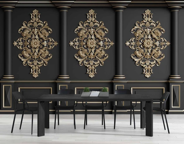 3D Siyah Sütun Altın Motif Duvar Kağıdı Baskı - 4