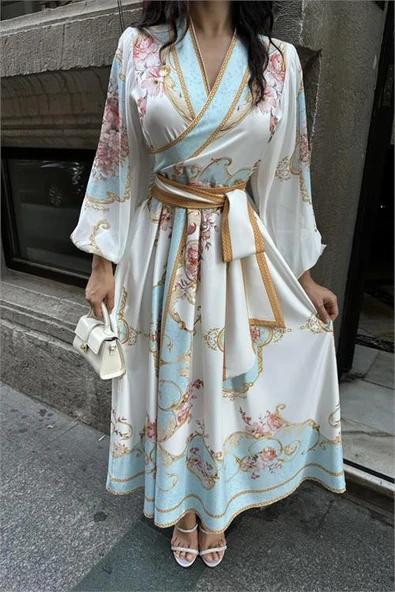 Dipmoda kadın kuşaklı midi boy desenli elbise DPMS42149 - Resim 2