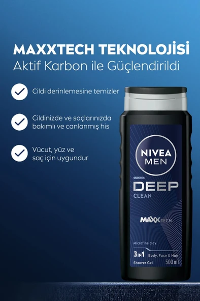 NIVEA MEN Erkek Deep Dimension Banyo ve Duş Jeli 500ml, 3ü 1 Arada Komple Bakım, Vücut Saç Yüz - Resim 2