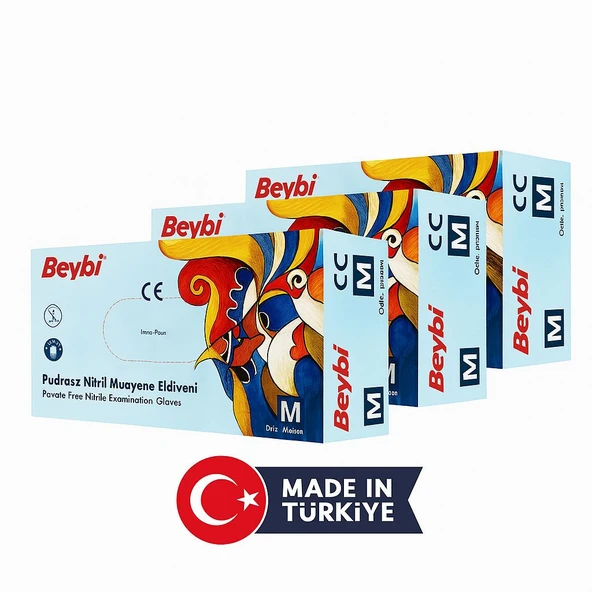Beybi Pudrasız Nitril Mavi (M) Large Beden Muayene Eldiven 100 'lü x 3 Paket ( 300 Adet )
