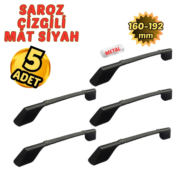5 Adet Metal Eymen Lüx Mobilya Çekmece Dolap Kulpu Mat Siyah 160-192mm