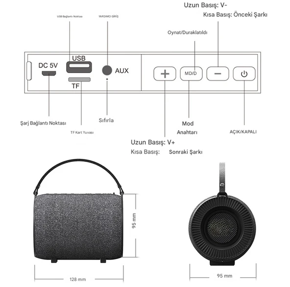 Stereo Bas Yüksek Ses Taşınabilir Kablosuz Bluetooth Hoparlör  USB AUX MP3 Müzik Keyfi - 5