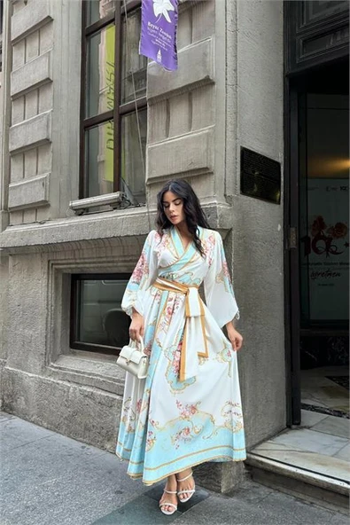 Dipmoda kadın kuşaklı midi boy desenli elbise DPMS42149 - Resim 3