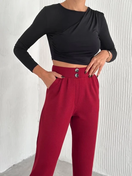 örme krep pantolon çift düğmeli - 5
