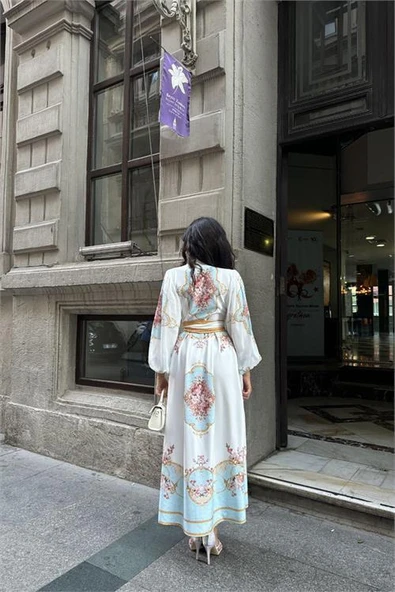 Dipmoda kadın kuşaklı midi boy desenli elbise DPMS42149 - Resim 4